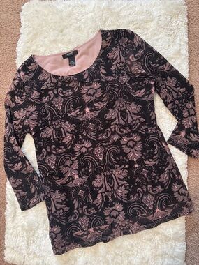 Alfani Black and Pink Floral-Print 3/4 Sleeve Top PM